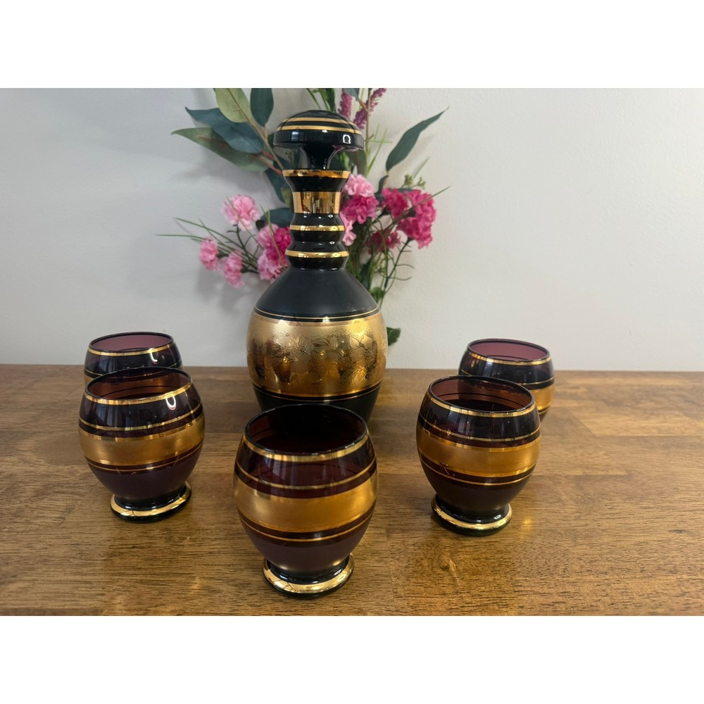 Vintage Amethyst Glass Decanter Set Gold Band Barware Cordial Glasses‎ MCM Bar